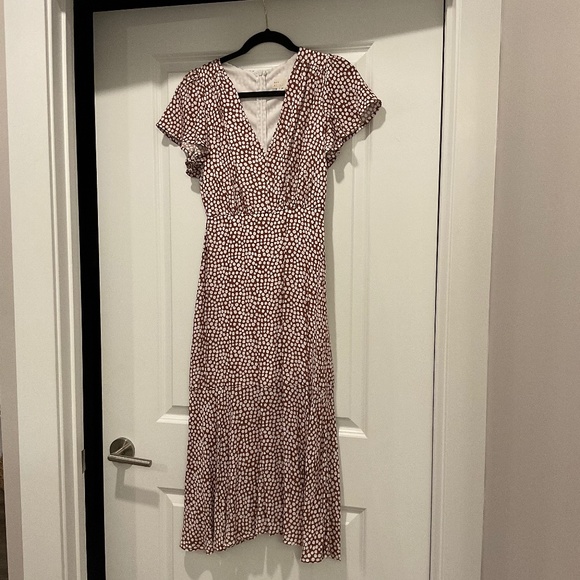 Brown and white polka dot, smocked maxi dress, short ruffle sleeve, v-neck - Picture 1 of 3